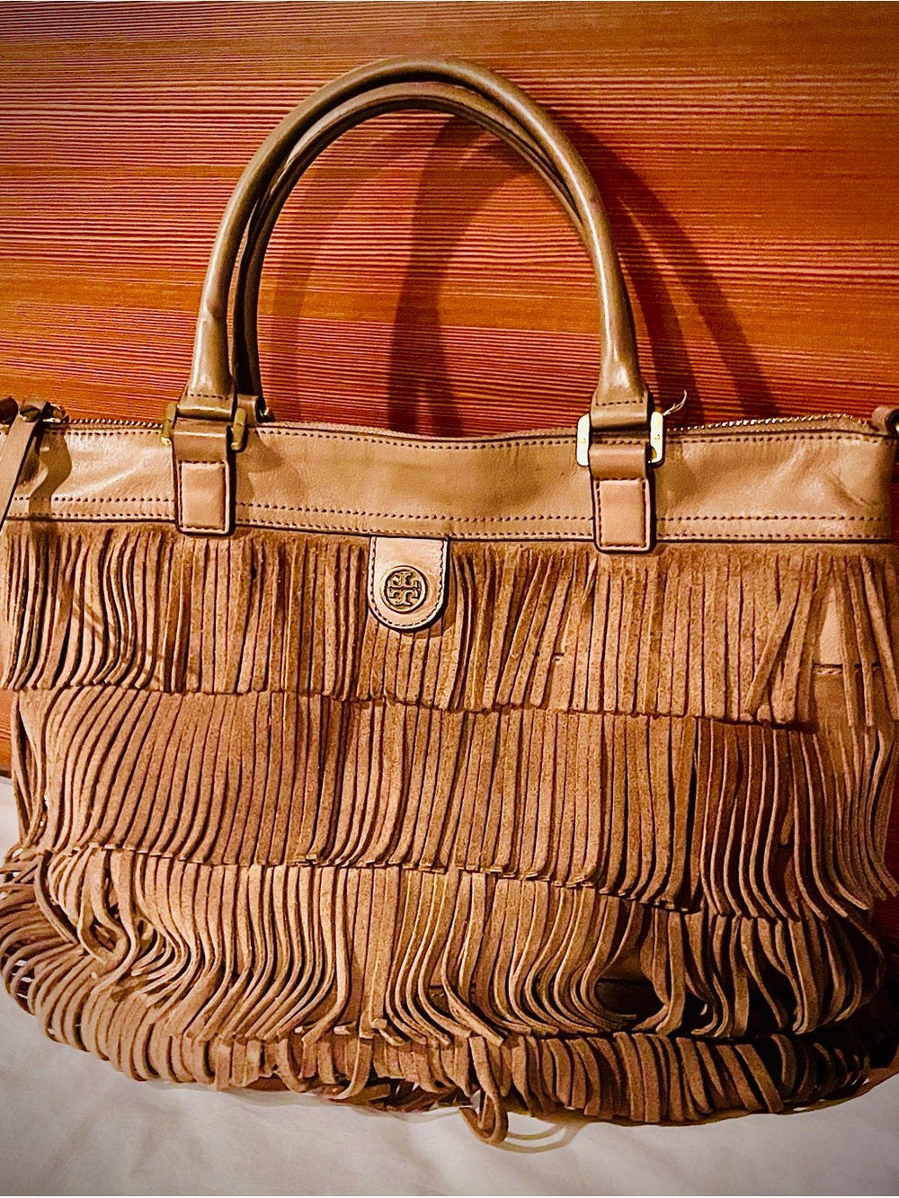Tory Burch Tassel Fringe Leather Tote - Tan